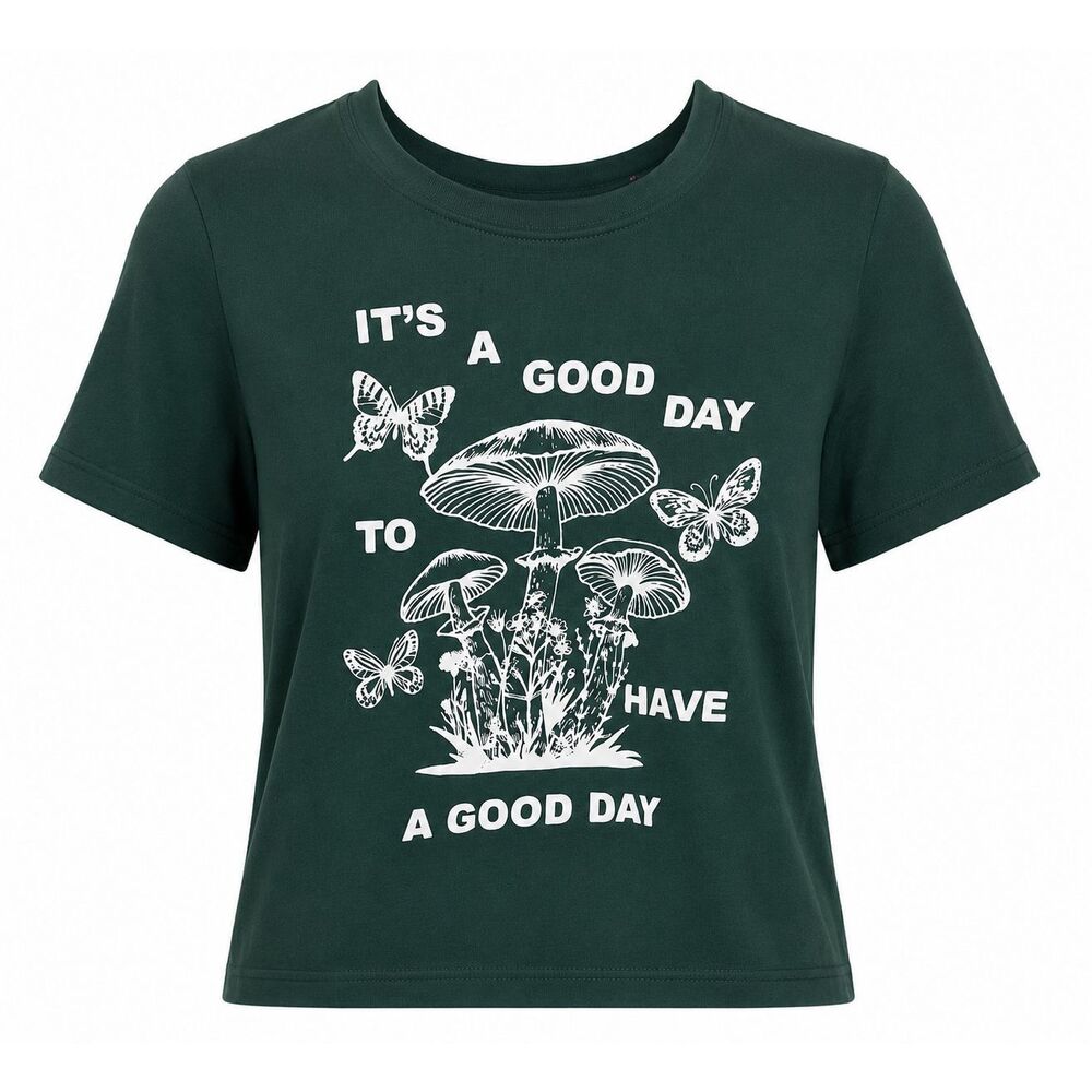 Self Esteem Cropped TShirt S Green Novelty Mushrooms Butterfly A Good Day Y2K